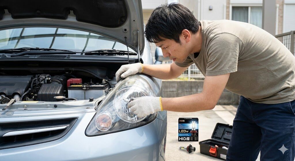 男性が車のボンネットを開けて、ヘッドライトの電球をDIYで交換している写真。手前には工具とHID屋のLEDバルブの箱がある。