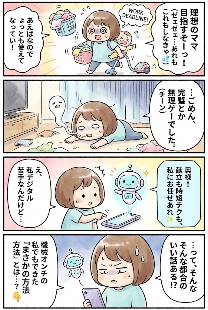 家事と育児に追われてキャパオーバーした主婦が、AI活用で時短に成功するまでの4コマ漫画
