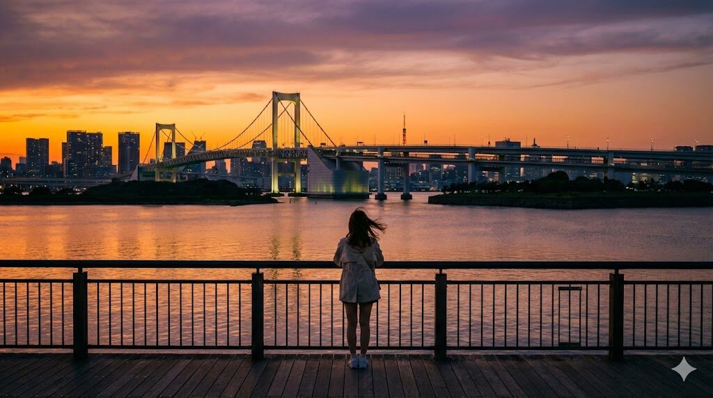 夕暮れ時のお台場海浜公園の木製デッキで、海風を感じながらレインボーブリッジを眺める一人の女性の後ろ姿。空はオレンジと青の美しいグラデーション