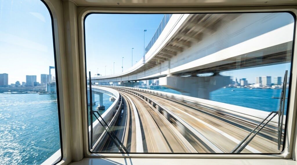 ゆりかもめの先頭車両からの景色。大きな窓越しに見えるレインボーブリッジのループと、広がる青い空と海。