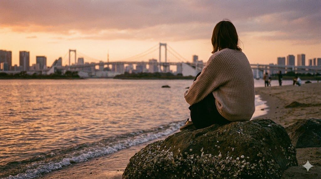 お台場海浜公園の奥にある静かな岩場エリア。夕日が沈みかけ、一人の人物が岩に座って遠くの海を眺めている後ろ姿。哀愁ではなく、リラックスした雰囲気