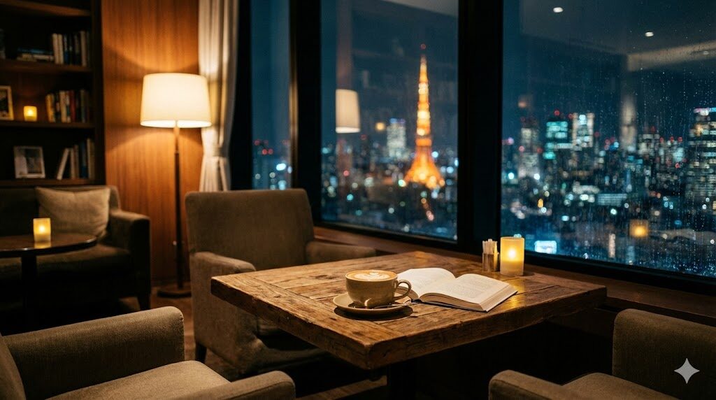 ホテルのラウンジのような落ち着いたカフェの窓際。温かいカフェラテのカップと、窓の外にぼんやりと見える東京の夜景。手元には本が開かれている