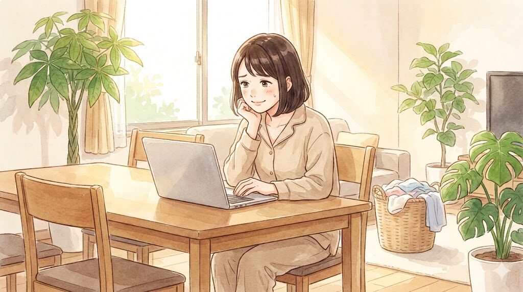 リビングのテーブルでノートパソコンを開き、少し困った笑顔で頬に手を当てている30代女性のイラスト。背景には少し生活感がある