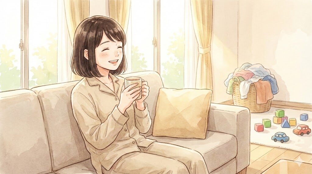 散らかったおもちゃや洗濯物が背景にあるが、気にせずソファでリラックスしてコーヒーを飲んでいる女性のイラスト。