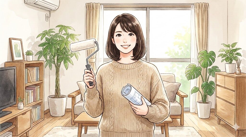 リビングでDIYの道具を持ち、やる気に満ちた笑顔を見せる30代の日本人女性