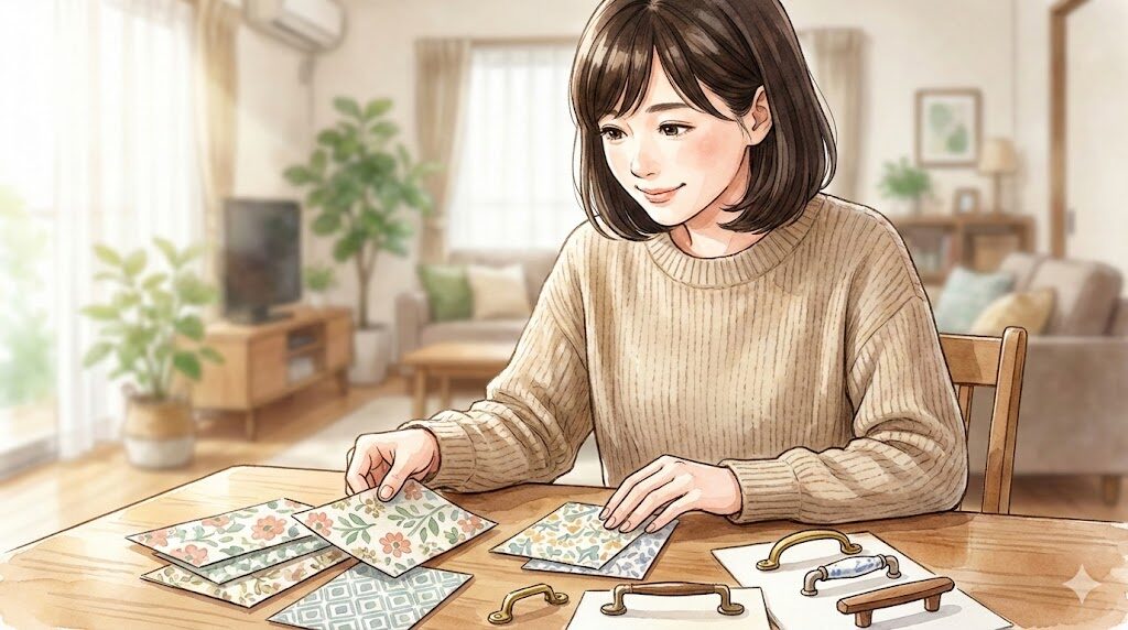 明るいリビングで、壁紙のサンプルや新しい家具の取っ手を比較して楽しそうに悩んでいる30代女性。