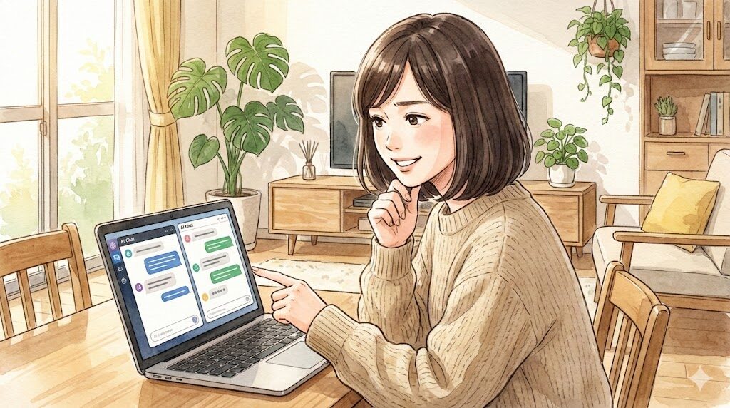 リビングでパソコンを開き、ChatGPTとGeminiのアイコンを見比べながら笑顔で考えている日本人女性のイラスト。