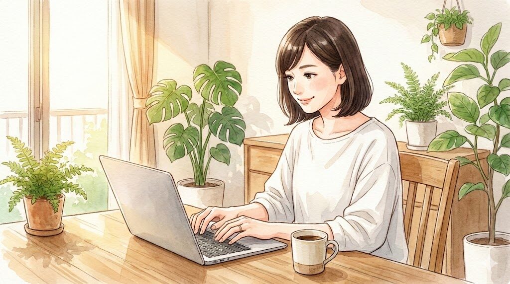 日当たりの良いリビングで、リラックスした様子でノートパソコンを操作している女性のイラスト。手元にはコーヒーカップがある。
