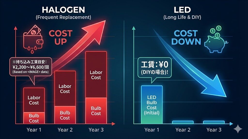 「3年間の維持費比較グラフ。頻繁な交換と工賃でコストが増加していくハロゲン（赤）に対し、長寿命とDIYでの工賃0円によってトータルコストが大幅に削減されるLED（青）のメリットを比較して可視化している。